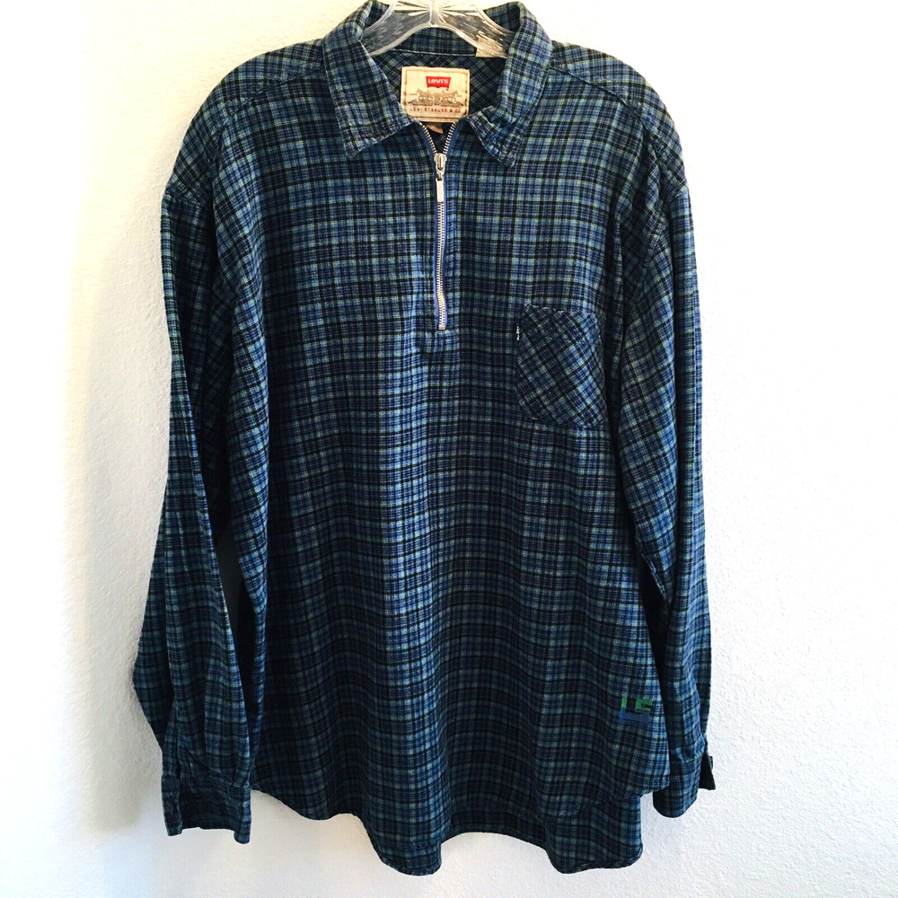 Vintage 1990's LEVI'S Quarter Zip Plaid Flannel Shacket Shirt Size XL Green/Blue